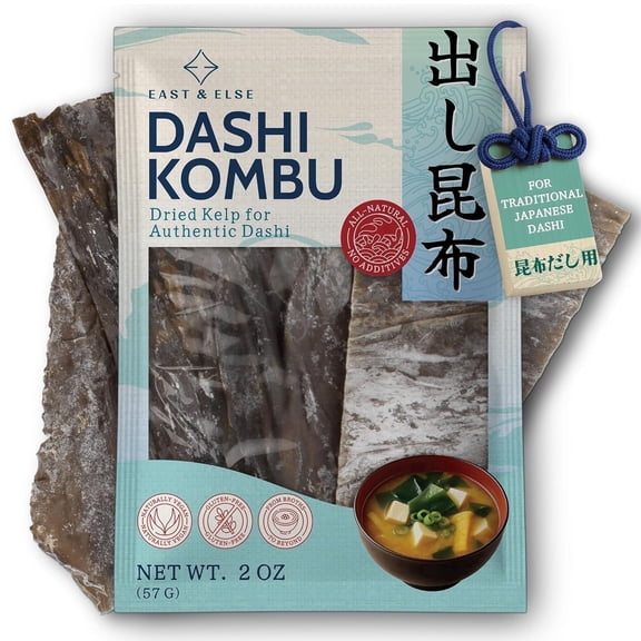 East and Else Dashi Kombu, 2 oz Bag Dried Kelp, 100% Natural Whole Leaf Kombu Seaweed for Dashi Broth & Soup Stock, Rich Umami Flavor