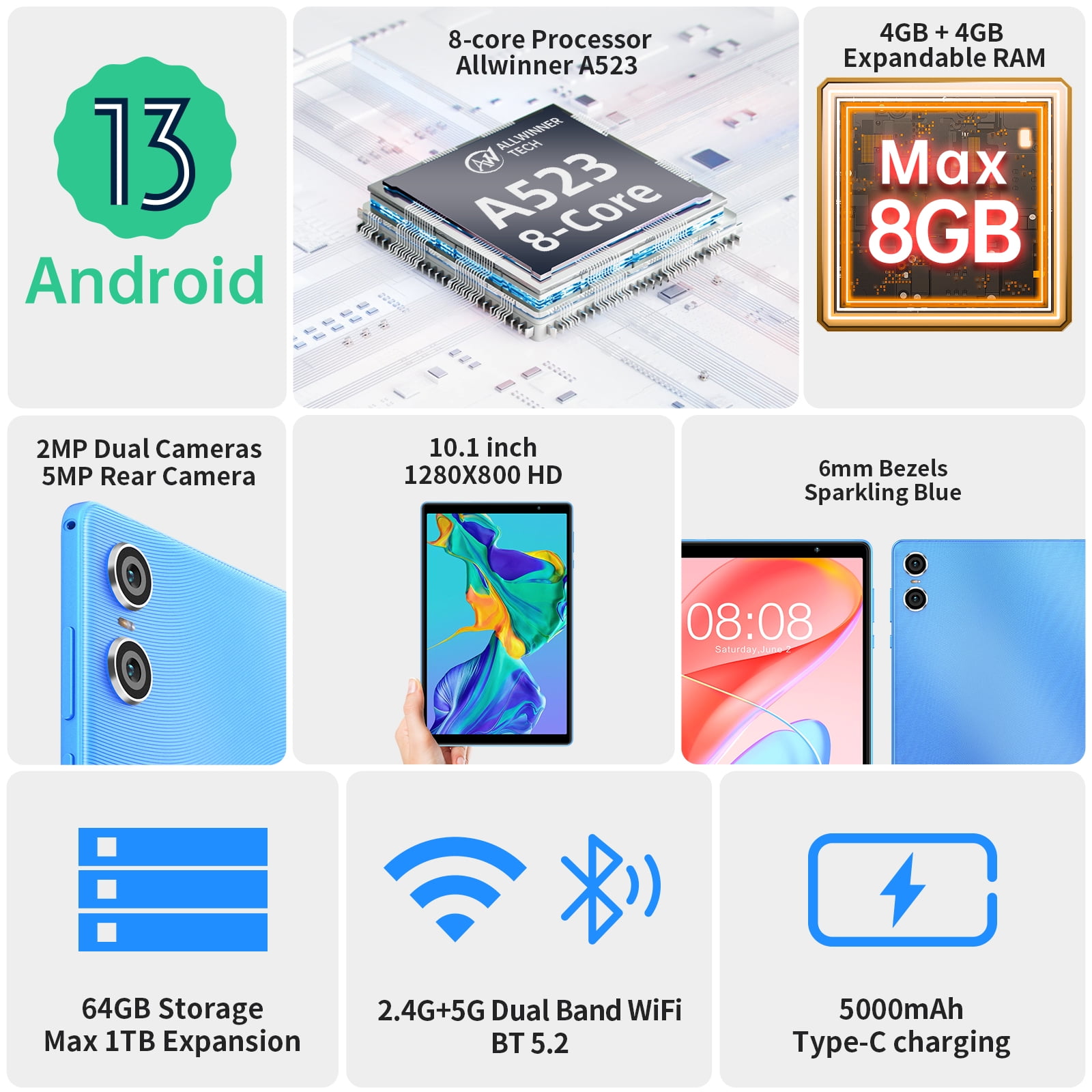 TECLAST P26T 10'' Android 13 Tablet, 8GB RAM, 128GB ROM, 1TB