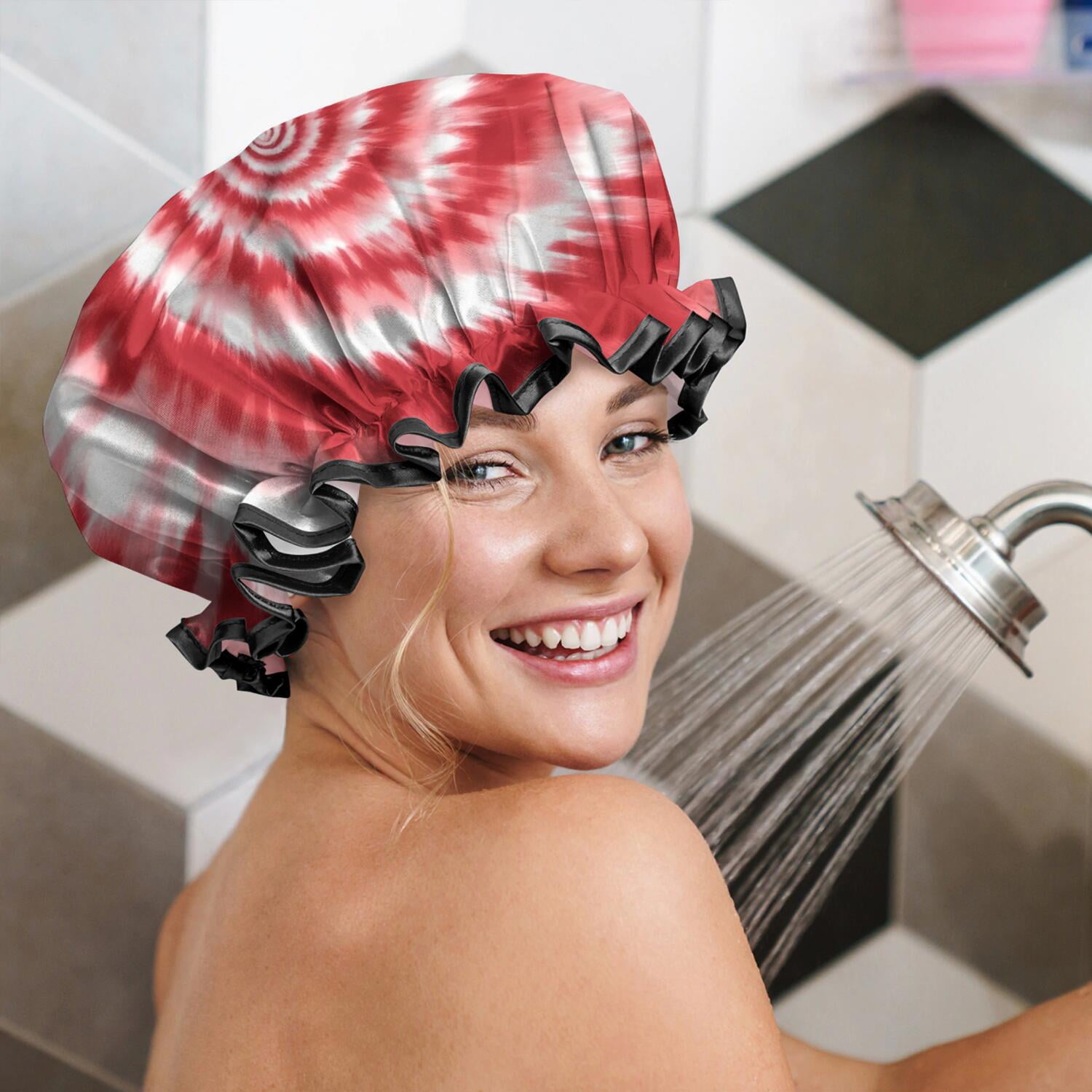 Shower Caps,Red White Tie Dye Spiral Pattern Waterproof Shower Cap for Women 4 Pieces,Double Reusable Hair Cover for Shower PEVA Elastic Stretch Hem