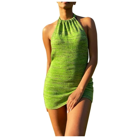 Bigersell Mini Dress Women's Fashion Casual Solid Color Spaghetti Strap Lace Up Open Back Slim Tops Plus Ball Gown Dress Style 4713, Female Knee Length Dresses Green L