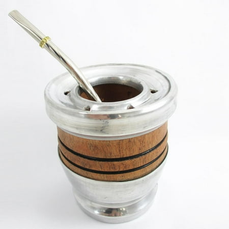 

ALGARROBO WOOD MATE GOURD CUP TEA WITH STRAW BOMBILLA HANDMADE KIT 7193 PAMPEANO NEW