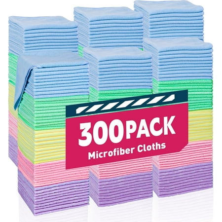 Microfiber Cleaning Cloths - 300 Pack, Bulk Microfiber Towels, Microfiber Towels for Cars and Home, 5 Colors Assorted (12x12 Inches)