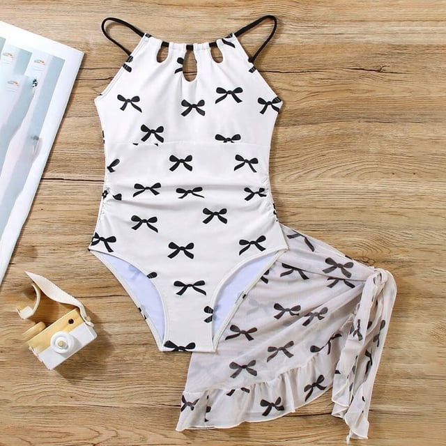 Elegant Girls Swimsuits Bowknot Cute Cut Out Bathing Suit with Mesh Cover Up Beach Pool Wear Two Piece Set