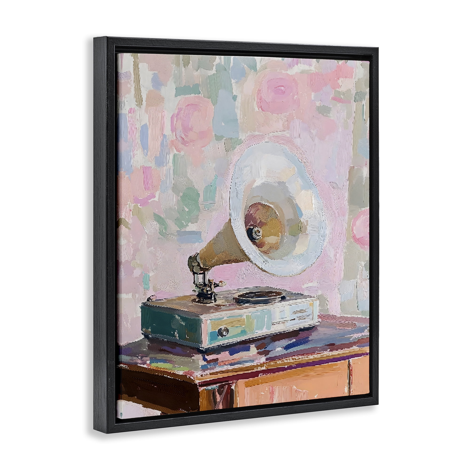 Stupell Industries Vintage Gramophone in Soft Pastels Black Framed Floater Canvas Wall Art, design by The Prints Vibe