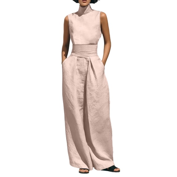 PBFRDSJ Womens Two Piece Sets Elegant Cotton Linen High Neck Top High Waist Wide Leg Pants Set Dressy Casual 2 Piece Outfits for Office Business
