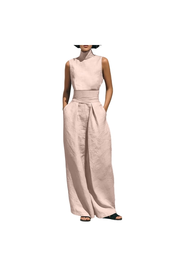 Womens Two Piece Sets Elegant Cotton Linen High Neck Top High Waist Wide Leg Pants Set Dressy Casual 2 Piece Outfits for Office Business
