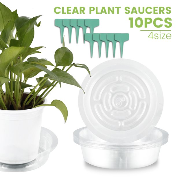 Everso 10Pcs Clear Plant Saucers With Plant Labels 6 Inch Garden Plant