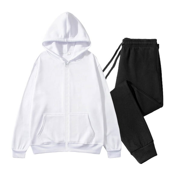 Women's 2 Piece Sets Outfit Casual Fall Lounge Long Sleeve Full Zip Hoodie And Drawstring Sweatpants Pullover Sweatsuits (M, White)