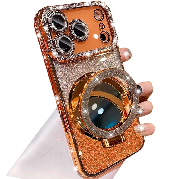 Funda Brillante con Soporte Magnético Changjia para iPhone 17 Pro Max, Compatible con MagSafe, Bling Resplandeciente con Protector de Cámara y Espejo de Maquillaje para Mujeres y Niñas, Color Naranja