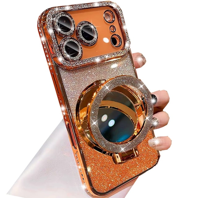 Funda Brillante con Soporte Magnético Changjia para iPhone 17 Pro Max, Compatible con MagSafe, Bling Resplandeciente con Protector de Cámara y Espejo de Maquillaje para Mujeres y Niñas, Color Naranja