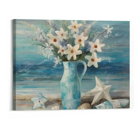 Creowell Bathroom Decor Wall Art Blue Beach Picture Ocean Theme Flower Canvas Print Modern Coastal Seascape Painting Framed Seaside Artwork Floral Daisy in Vase for Home Sea Lake Bedroom 20x16 Inch