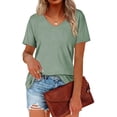thumbnail image 1 of Camiseta de mujer Color puro Pit Strip cuello en V manga corta Top señoras suelta camiseta Casual, 1 of 6