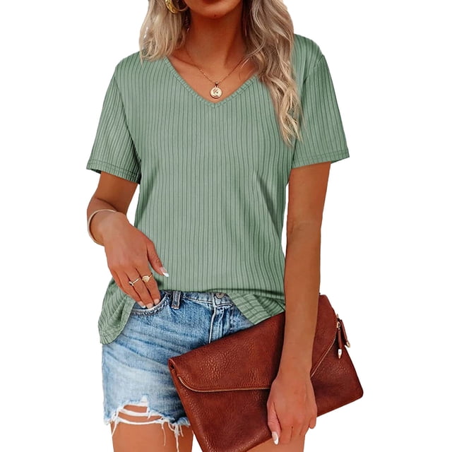 Camiseta de mujer Color puro Pit Strip cuello en V manga corta Top señoras suelta camiseta Casual
