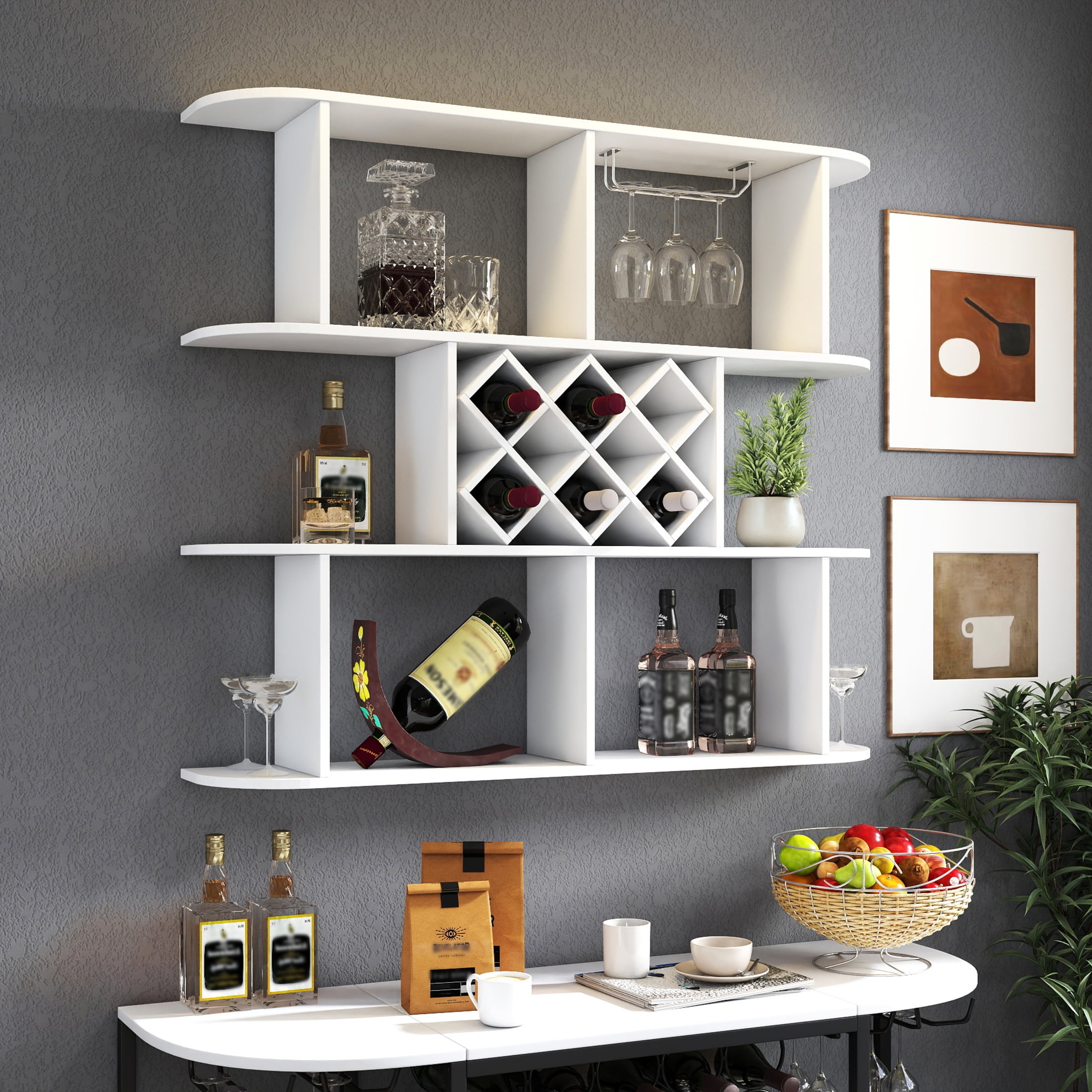 Noble House Eira 47.2" Wall-Mounted Wine Rack, Rustic Wood, 3 Tiers with Bottle Grid and Stemware Holder, White