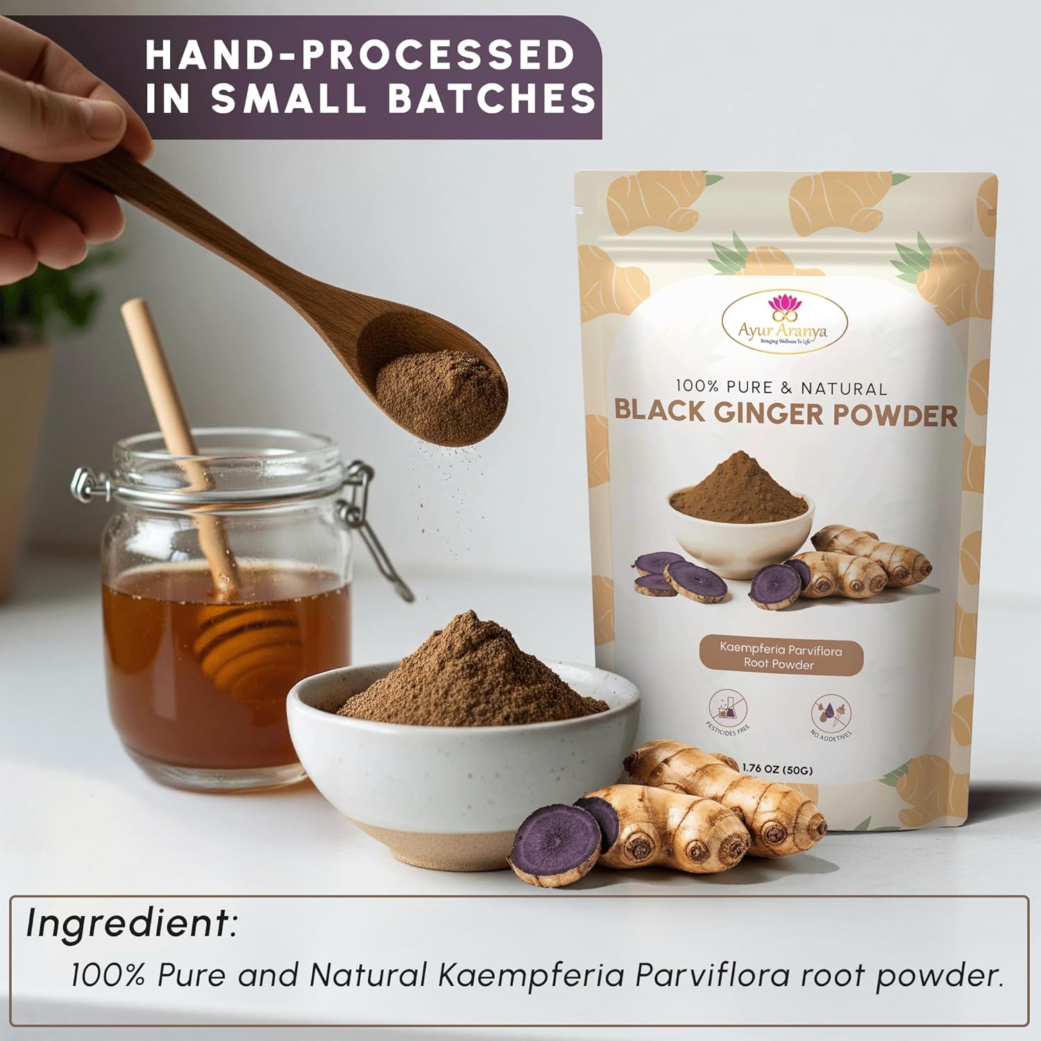 Ayur Aranya Black Ginger Powder 50g, 100% Pure Kaempferia Parviflora Root, No Additives, Pack of 1