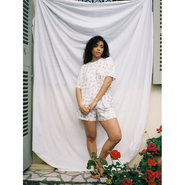 Pijama estampado de manga corta europeo y americano, camiseta con cuello redondo dividido, pantalones cortos, traje holgado, ropa de hogar para mujer