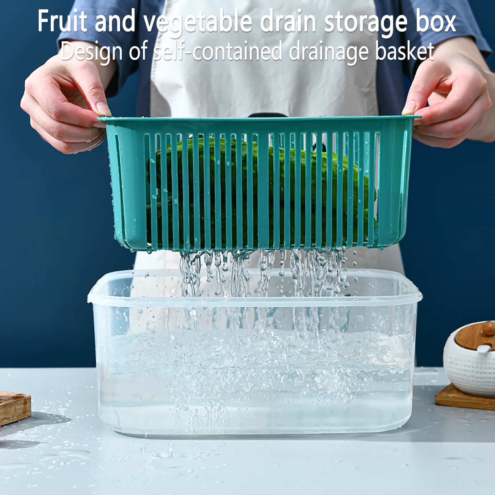 OAVQHLG3B 5 Pack Plastic Food Storage Containers, Fresh Vegetable Fruit Storage Containers for Refrigerator, Kitchen Produce Container with a Draining Basket, BPA Free