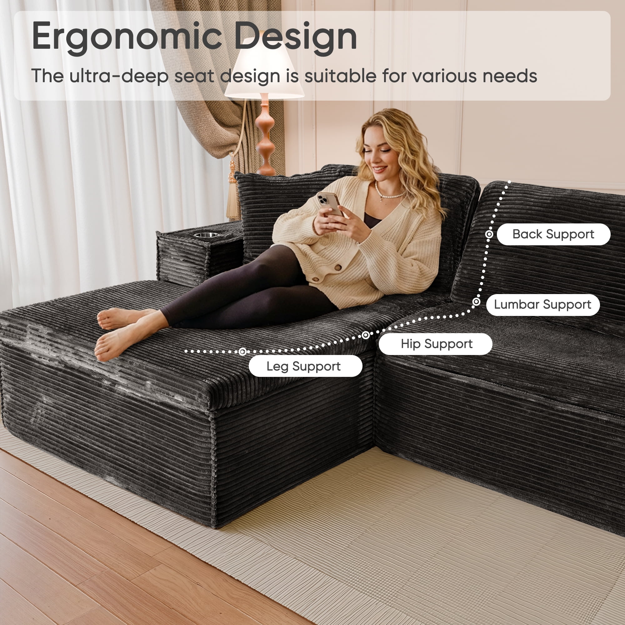Homall 109" L-Shape Memory Foam Modular Sectional Sofa 3 Seat Oversized Upholstered Deep Seat Sofa Couch for Living Room,Bedroom and Apartment,Black