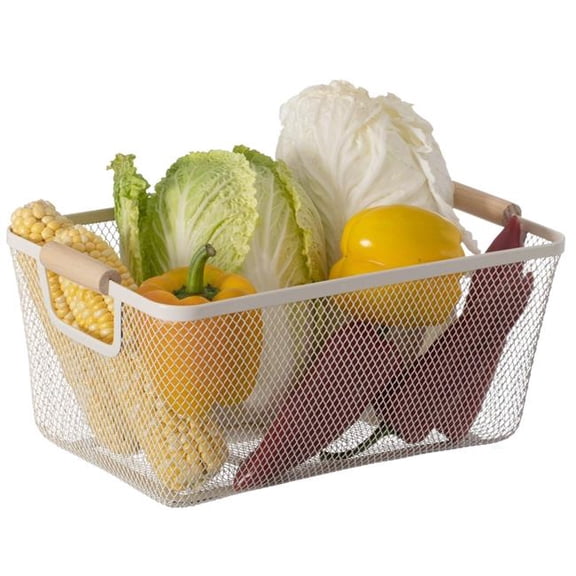 Basicwise QI004824.WT.M Basicwise Multipurpose Metal Mesh Basket with Wooden Handle Storage Organizer for Kitchen Pantry Bathroom Cabinet Closet, Medium