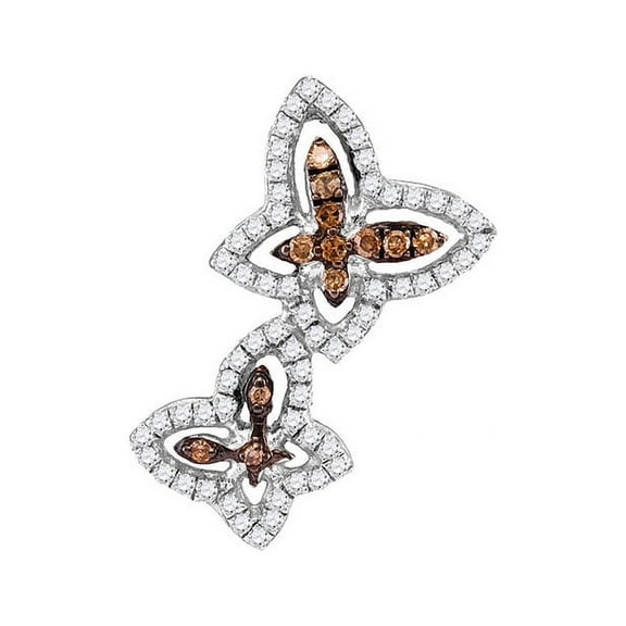 Chocolate Brown 10K White Gold Double Butterfly Necklace Pendant 1/3 Ctw