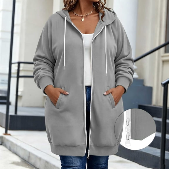 Warop Women Plus Size Hooded Sweatshirt, Long Sleeve Zip Up Drawstring Long Pocket Pullover for Casual