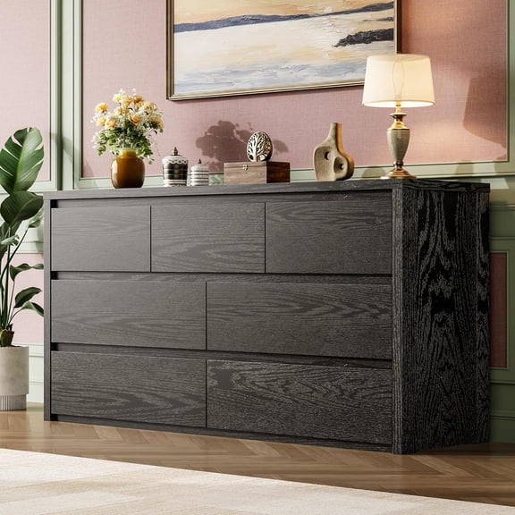 7 Drawer Dresser for Bedroom – Wood Chest of Drawers Handle-Free Design, Large Modern Storage Cabinet for Living Room, Hallway, Entryway – Black