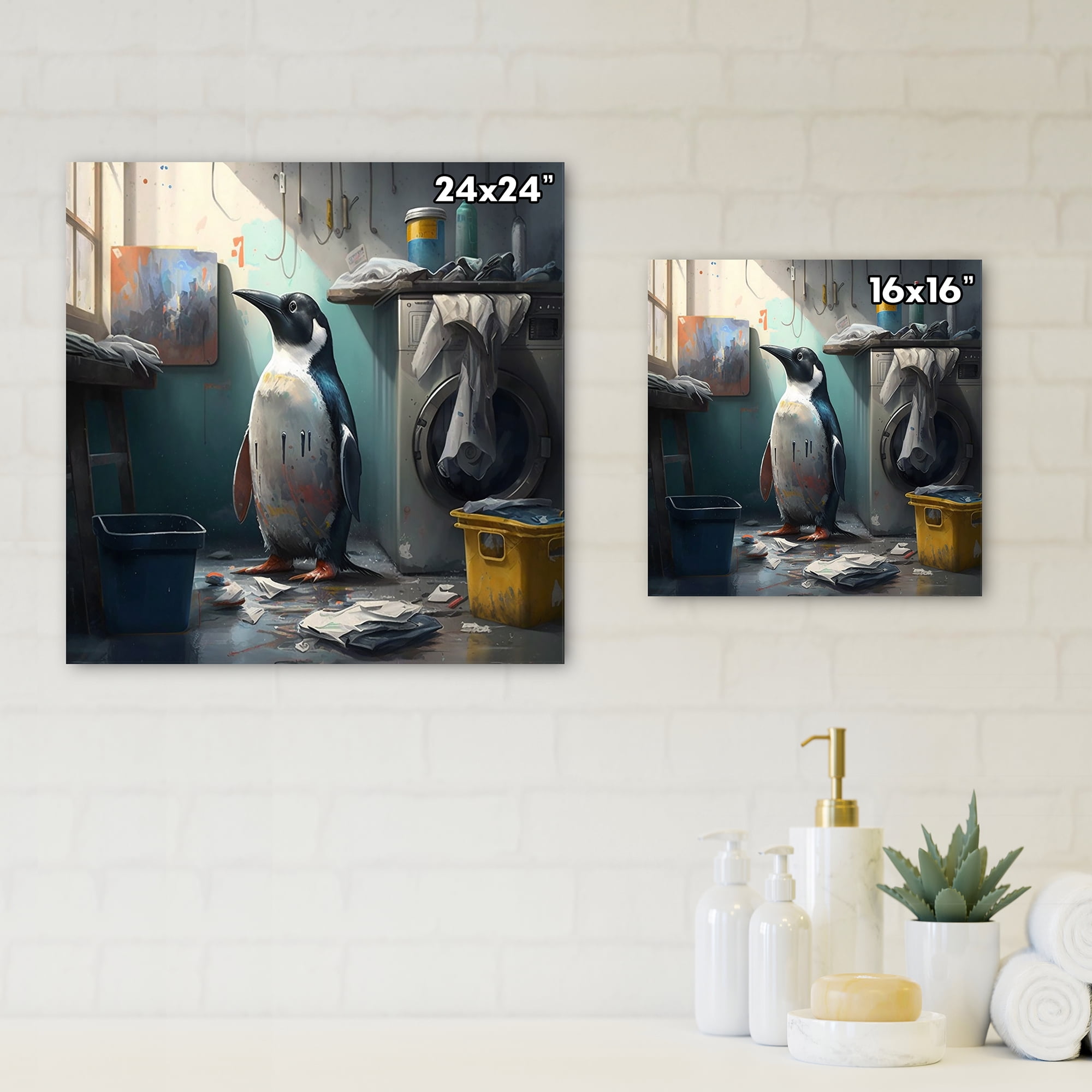 Designart Cute Penguin Doing Laundry Canvas Wall Art
