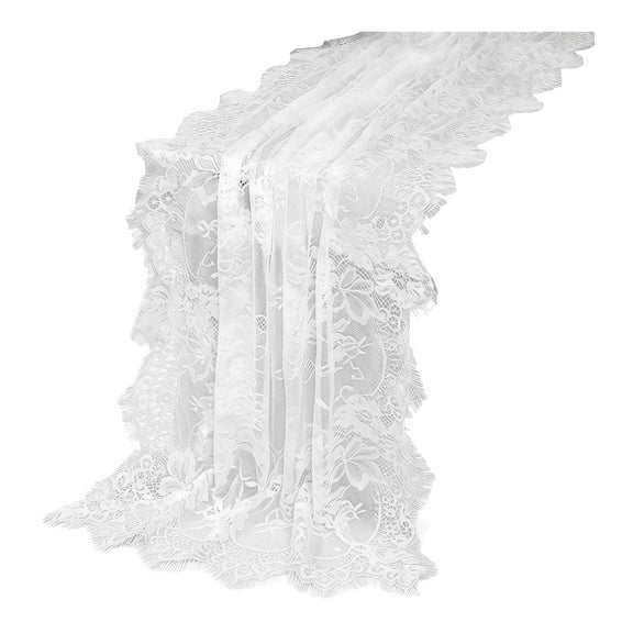 Floral Lace Table Runner – French Sheer White Tulle Rectangular Runner for Wedding, Bridal Shower & Party