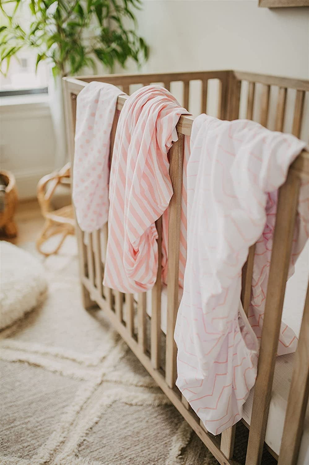 NODNAL CO. Pink and White Cotton Playard/Portable Crib/Mini Crib Fitted Sheet Set, 100% OEKO-TEX Cotton, 3 Pieces, for Baby Girl Infant/Toddler Nursery Bedding