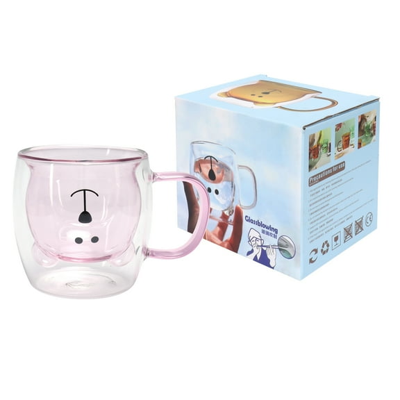 250ML/8.5OZ Cute Bear Shaped Glass Cup Double Wall Water Tea Coffee Milk Mug with Handle, Funny Valentine's Day Birthday Gifts for You [Pink]