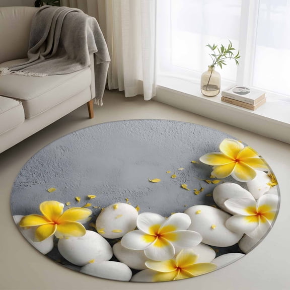 Round Area Rug 4 Ft, Yellow Plumeria Flower Washable Non-Slip Circle Carpet for Living Room/Bedroom, White Stones Country Floral Grey Low-Profile Crawling Mats Collection Rugs for Indoor
