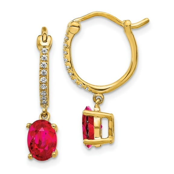 Primal Gold 14 Karat Yellow Gold 1/10ct Diamond and Ruby Dangle Hoop Earrings