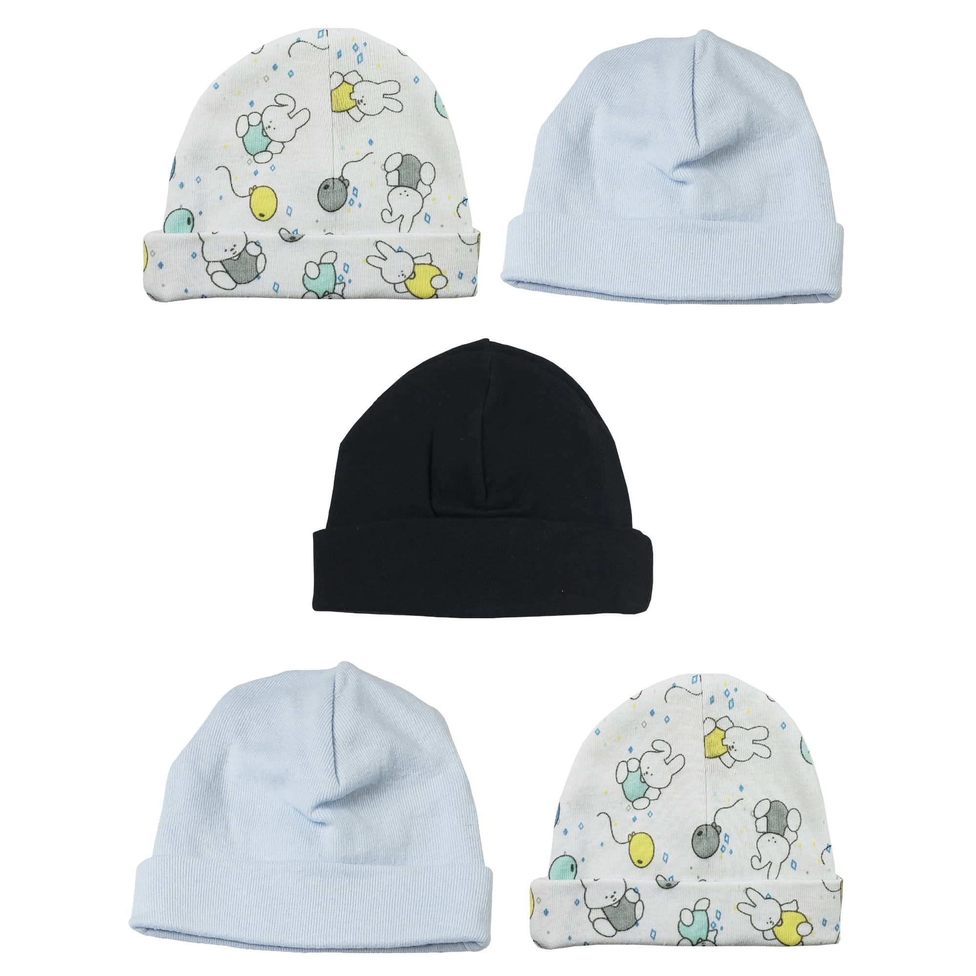 Set of 5 Solid Blue Black and Cartoons Designed Assorted Cotton Baby Boy Beanie Caps 8