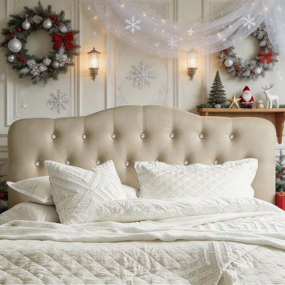 King Diamond Tufted Upholstered Headboard, Sturdy and Durable Solid Wood Headboard, Fabric Headboard with Adjustable Height, Modern Button Diamond Design Head Board, Beige