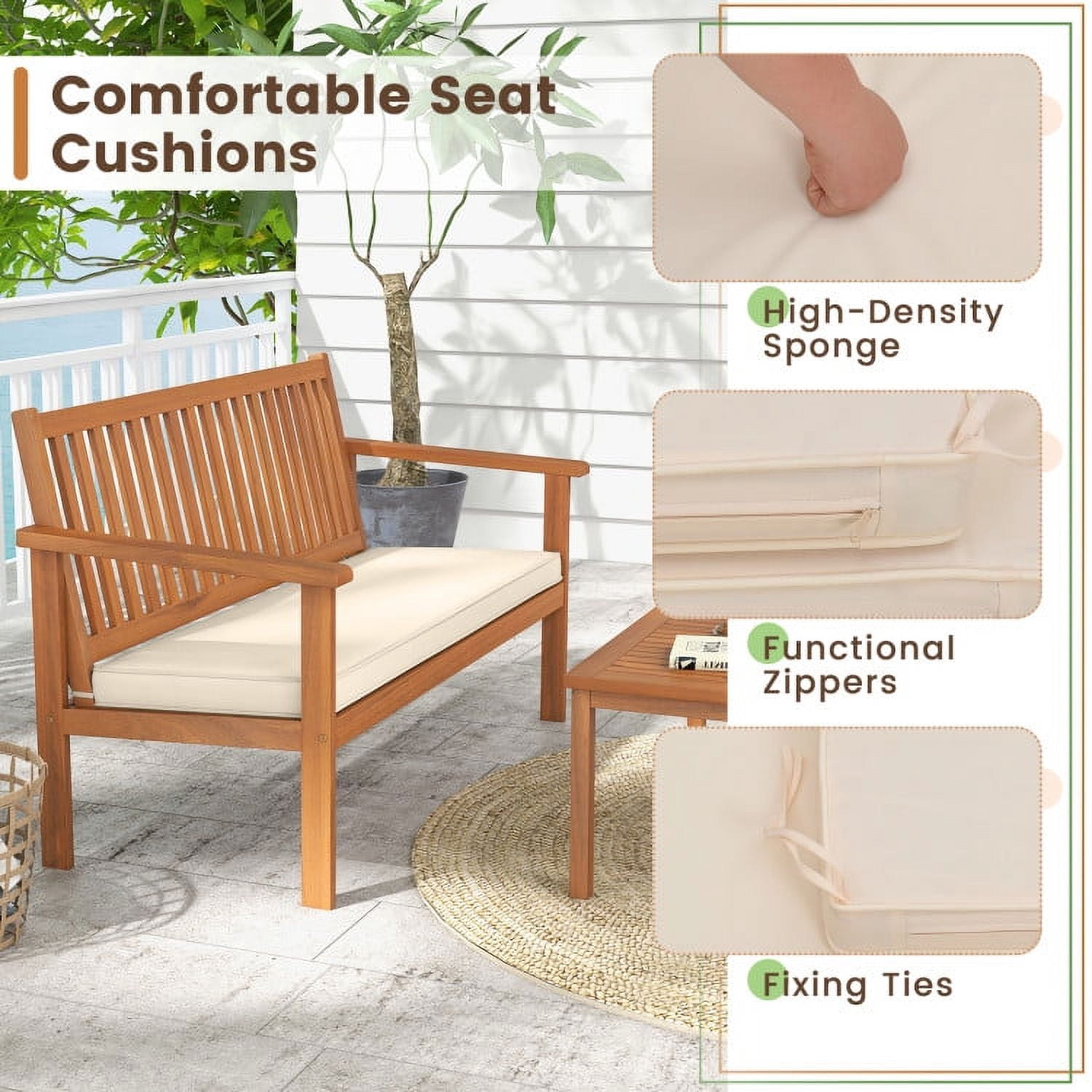 Resenkos 4 Piece Patio Wood Furniture Set Acacia Wood Sofa Set, Small Patio Conversation Furniture Set with Loveseat-Off White