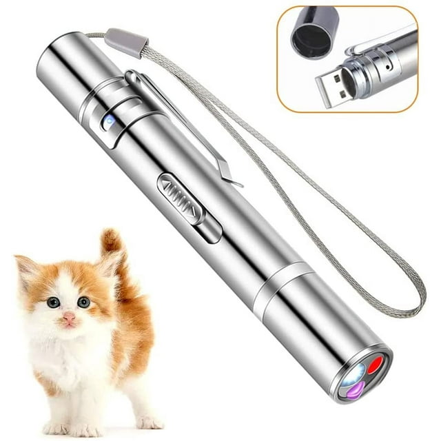 Cat Laser Toy, Red Laser Pointer Cat Toy, Interactive Cat Toys for Indoor Cats Dogs, USB Rechargeable Laser Pointer for Cats to Chase Kitten Toys,Silver