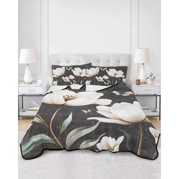Quilts King Size, Farmhouse Floral Soft Comforter Bedding Set for Bed, Magnolia Flowers Vintage Blackboard Lightweight Quilted Bedspread with Pillow Cover(2 Pieces) for All Season, 96x106 Inch