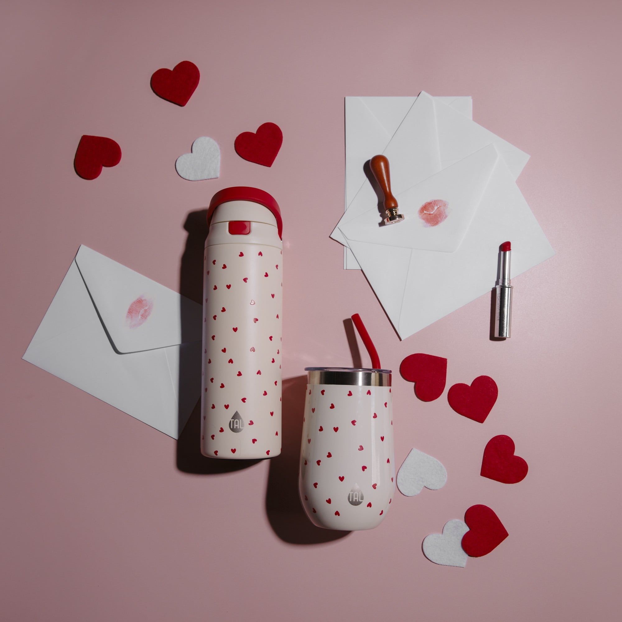 TAL 16oz Stainless Steel Wine Tumbler with Straw, Hearts