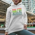 thumbnail image 2 of Bad Vibes Don't Go with My Outfit, Groovy Retro Wavy Text Merch Gift, White Hooded Sweatshirt or Hoodie, Large, 2 of 5