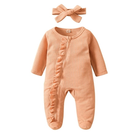 

koaiezne Baby Girl Boy Ruffle Romper Knit Jumpsuit Long Sleeve Zipper Footie Playsuit Headband Solid Fall Winter Outfits Little Boy Fall Outfits 24 Month Boy Easter