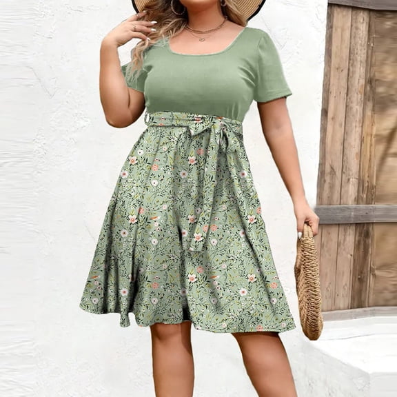Women's Plus Size Trendy Round Neck Short Sleeve Waist Cinched Print Dress - Mint Green XXL