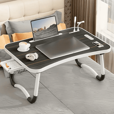 Foldable Laptop Table with Cup Holder & Tablet Slot - Portable Lap Desk with Handle for Working, Eating & Drawing（Black）