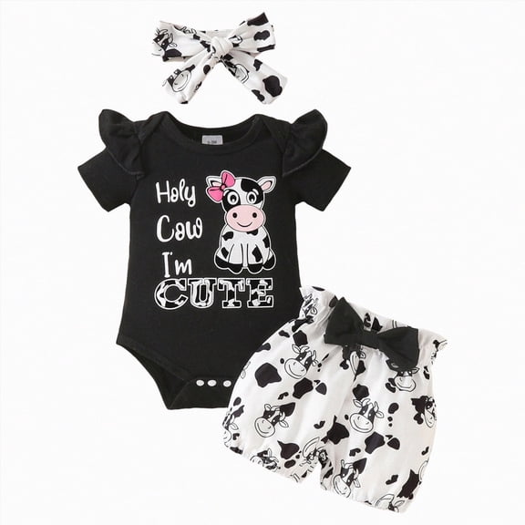 Baby Girl Clothes Infant Print Cute Newborn Summer Outfits with Bows Headband Ruffle Short Sleeve Romper and Shorts Set