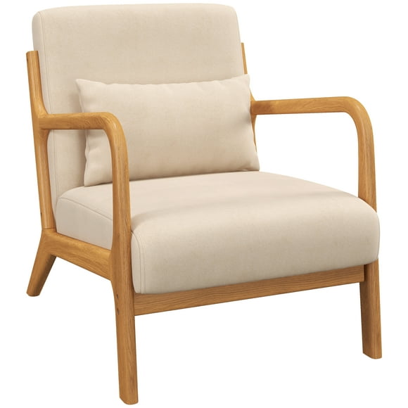 HOMCOM Fabric Accent Chair Velvet Armchair w/ Wood Legs Thick Padding Beige