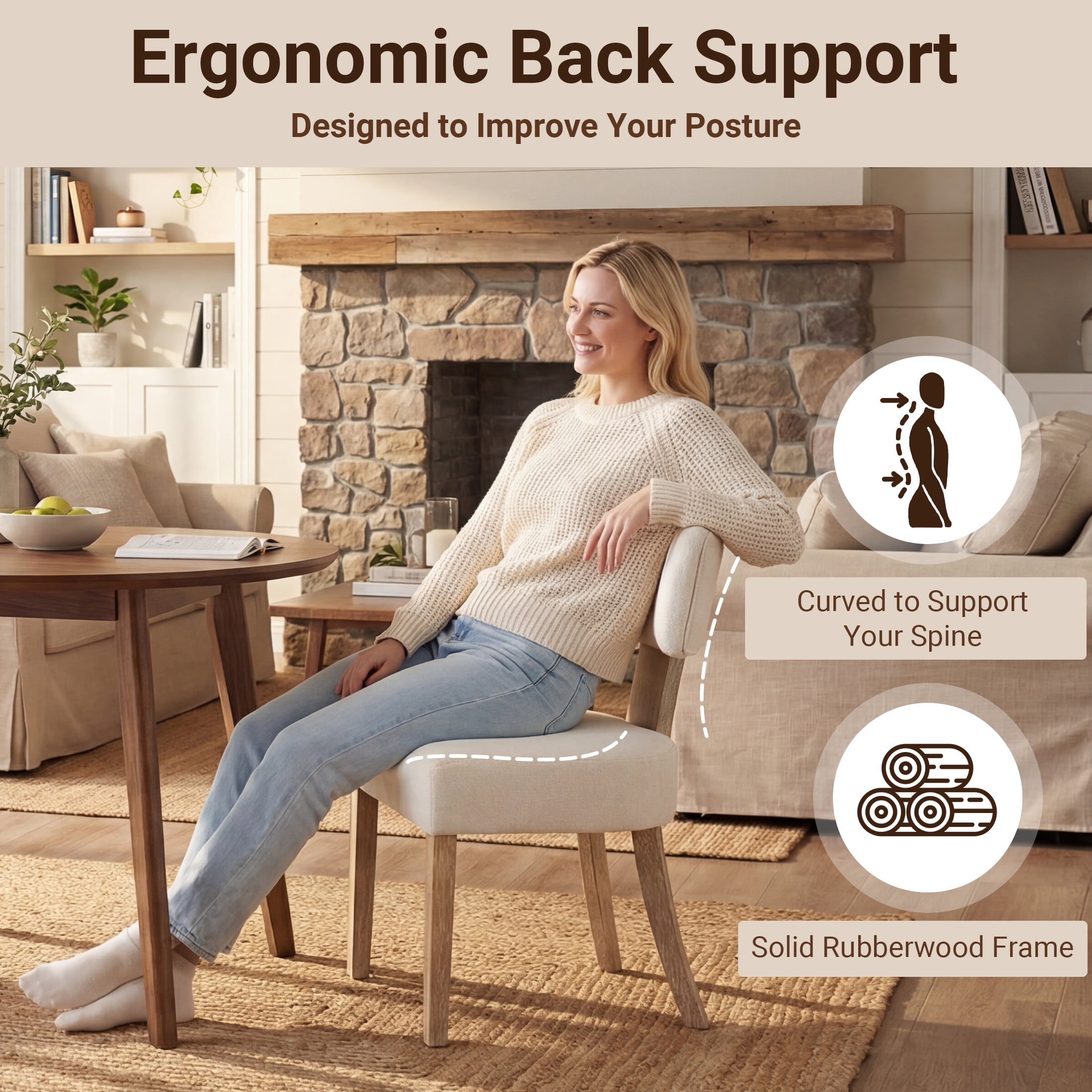 TrumanPick Mid Century Modern Dining Chairs Set of 6, Beige Upholstered Farmhouse Dining Room Chairs with Curved Backrest & Thick Cushion, Solid Wood Legs for Kitchen, Restaurant