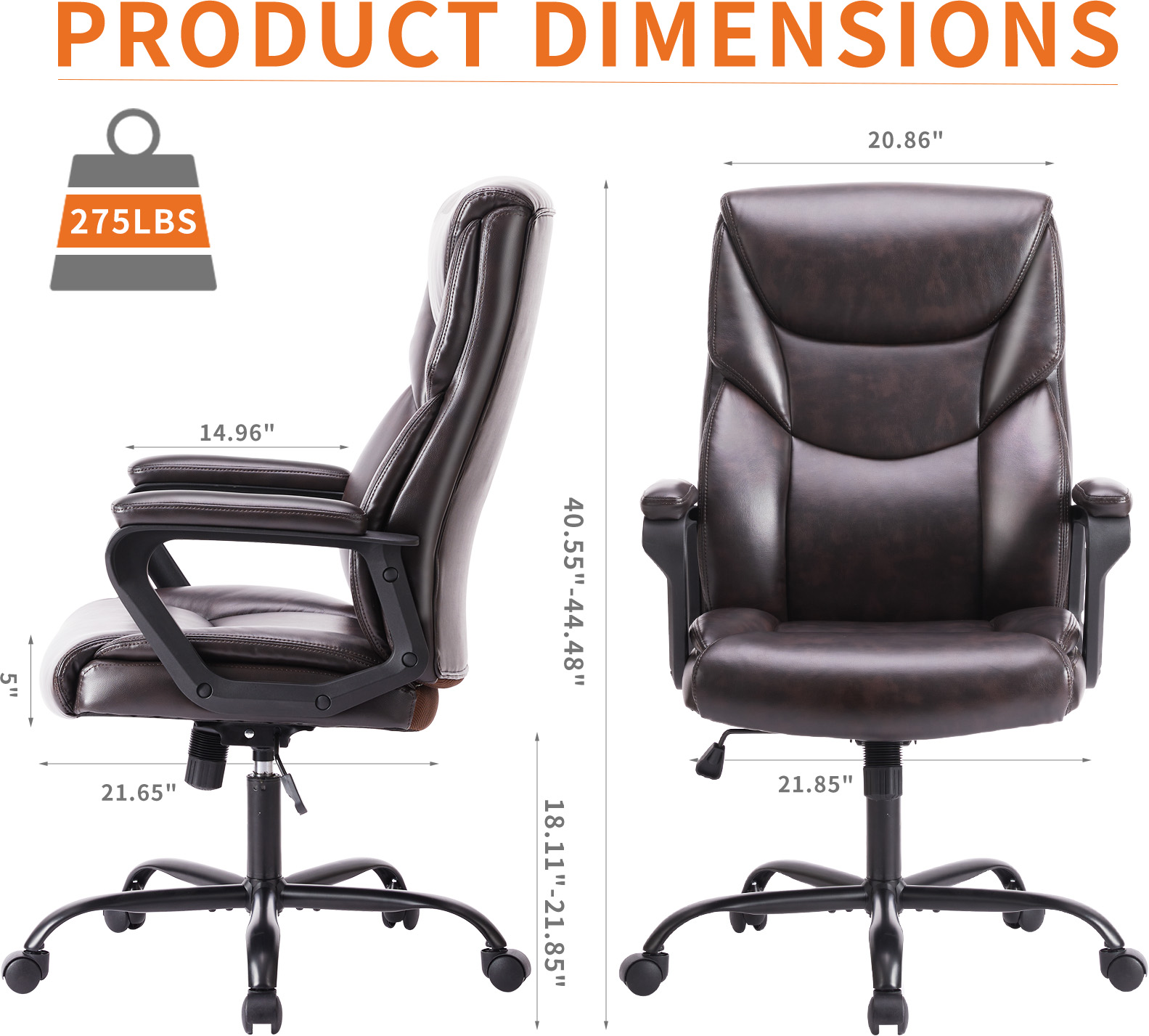 MCQ Home Ergonomic Office Chair, Heavy Duty Task Chairs with Wheels, Flip-up Arms, Adjustable Height, PU Leather, Brown