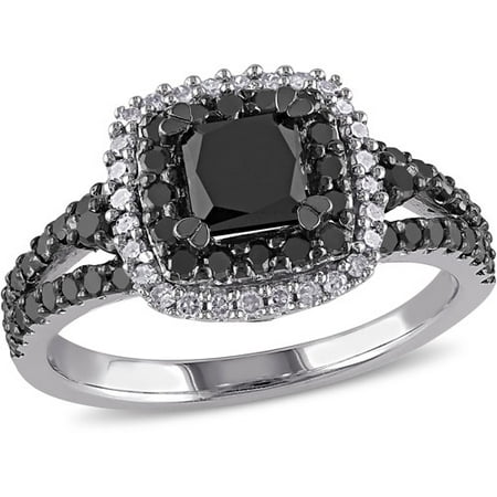 1-1/2 Carat T.W. Princess with Round-Cut Black and White Diamond Sterling Silver Double Halo Engagement Ring