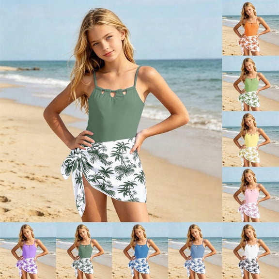 Bigetiay Girls Strappy Hollow Out Swimsuit Solid One Piece Swimsuit with Mesh Skirt Beach Style Kids, Size 15-16 Years