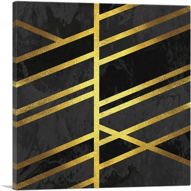 ARTCANVAS Art Deco Yellow Lines on Black Gray Square Canvas Art Print - Size: 18" x 18" (0.75" Deep)