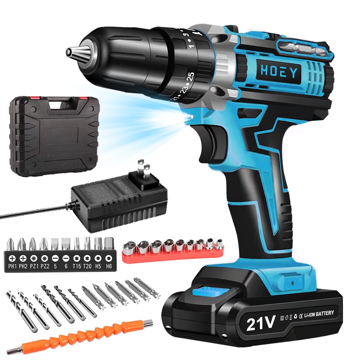 HOEY 21V Cordless Drill Set Electric Power Drill 34Pcs with 3/8 Inch Keyless Chuck 25+3